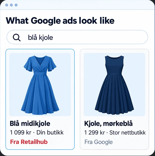 Google Shopping comparison showing a blue dress sold through Retailhub